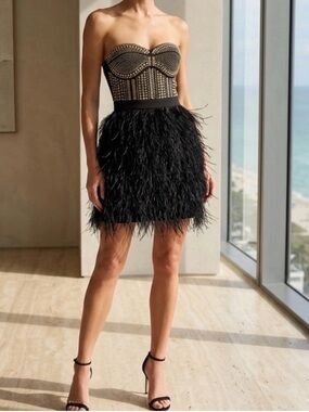Ark & Co Feather Mini Skirt with Embellished Bustier Black - Size M